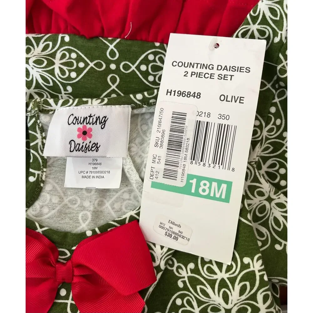 NEW Counting Daisies Christmas Dress & Bloomers Set Olive Green Red Girl's 18 mo
